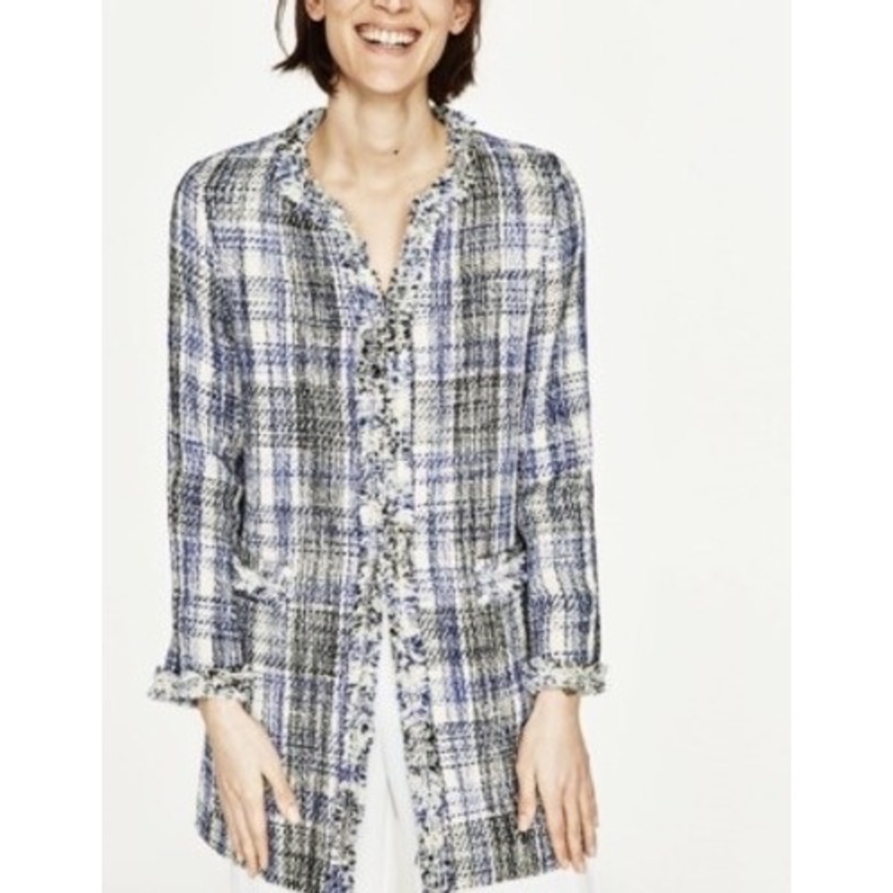 Zara Basic Collection Blue Plaid‎ Tweed Longline Blazer Jacket Frayed Trim  M